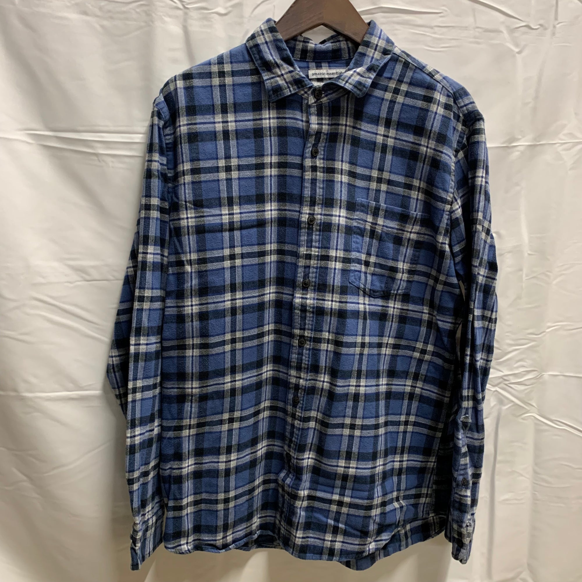 【中古】【古着】Amazon Essentials チェック シャツ ブルー×ホワイト Lサイズ