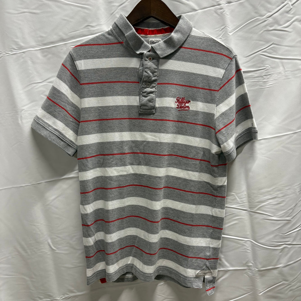 【古着】HILFIGER DENIM ボーダー S/S ポロシャツ グレー×ホワイト×レッド Lサイズ
