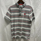 【古着】HILFIGER DENIM ボーダー S/S ポロシャツ グレー×ホワイト×レッド Lサイズ