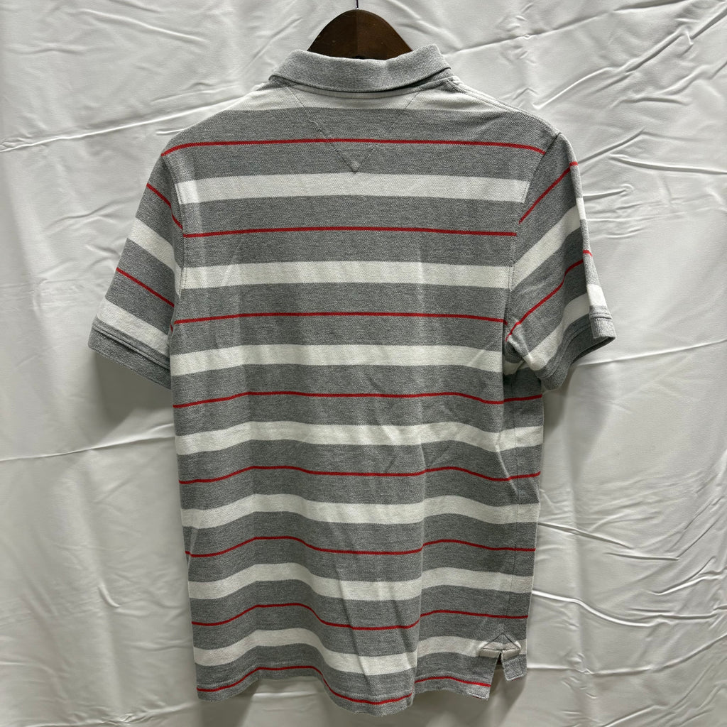 【古着】HILFIGER DENIM ボーダー S/S ポロシャツ グレー×ホワイト×レッド Lサイズ