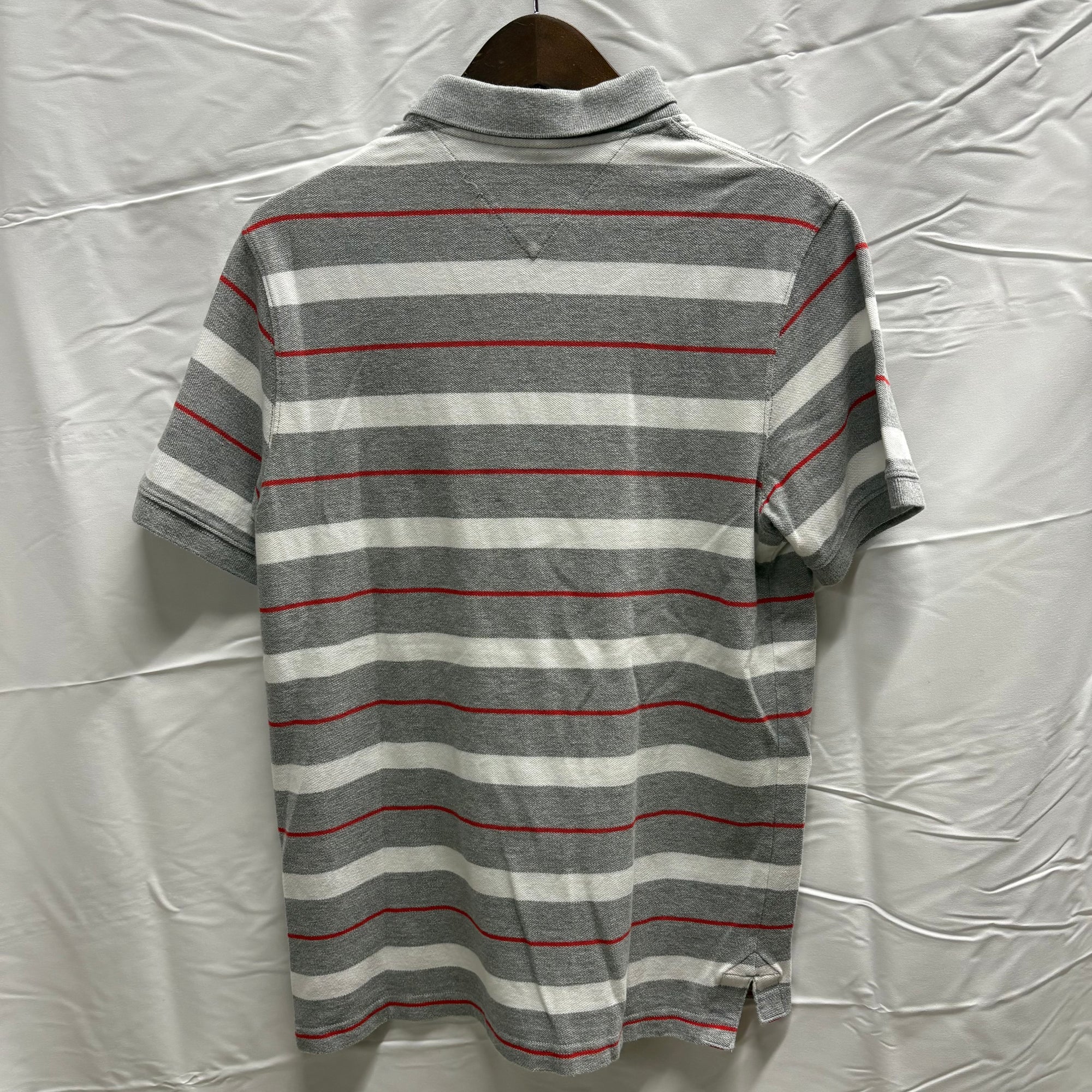 【古着】HILFIGER DENIM ボーダー S/S ポロシャツ グレー×ホワイト×レッド Lサイズ