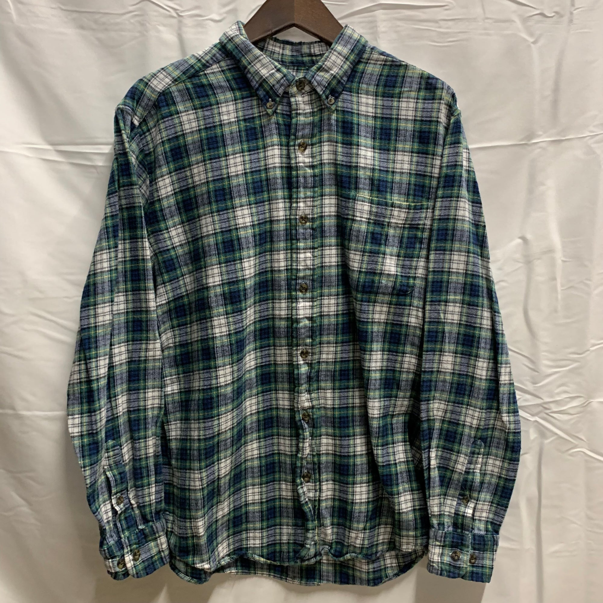 【中古】【古着】Saddlebred チェック シャツ グリーン×ホワイト×ネイビー Lサイズ