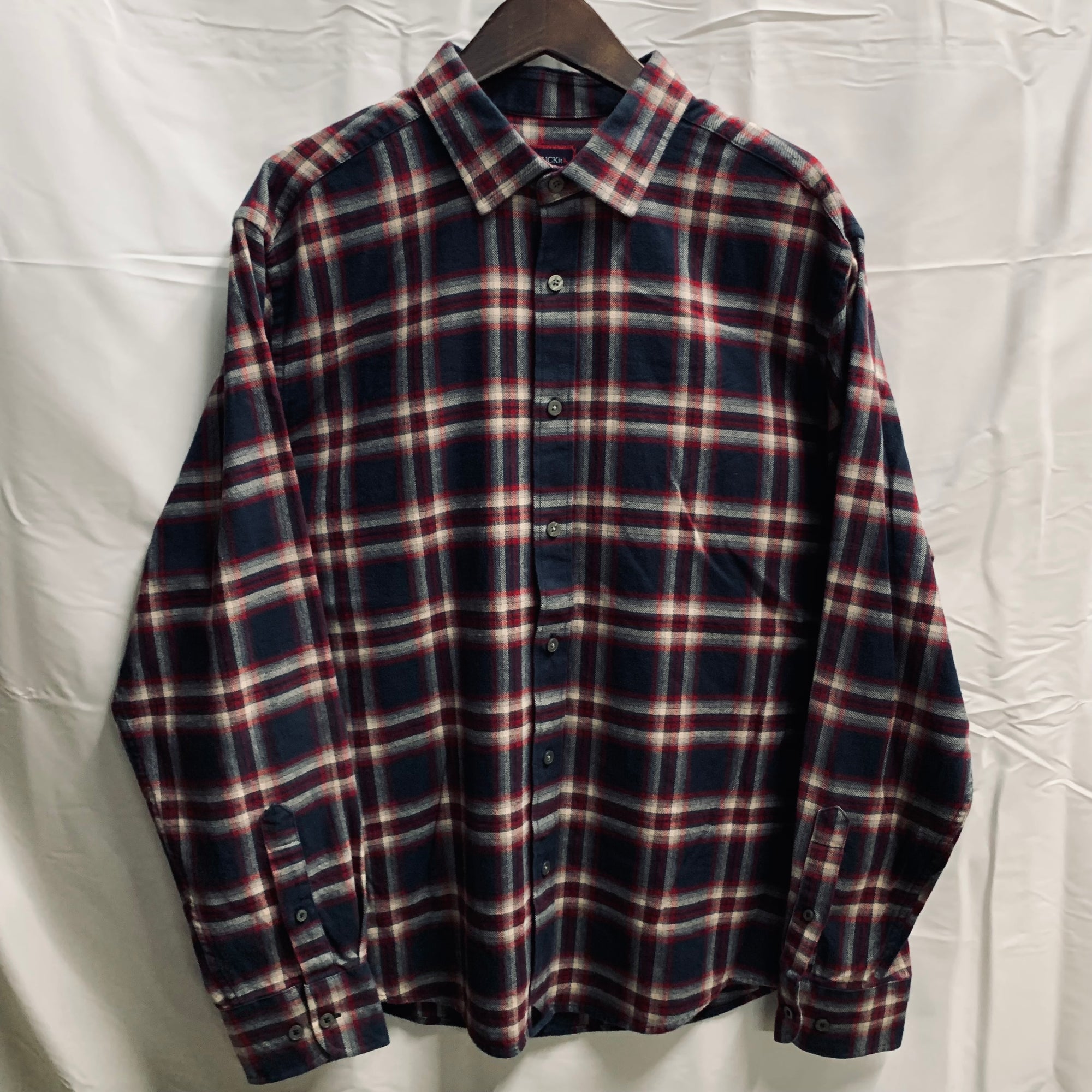 【中古】【古着】UNTUCKit チェック シャツ ネイビー×アイボリー×レッド X-LARGEサイズ