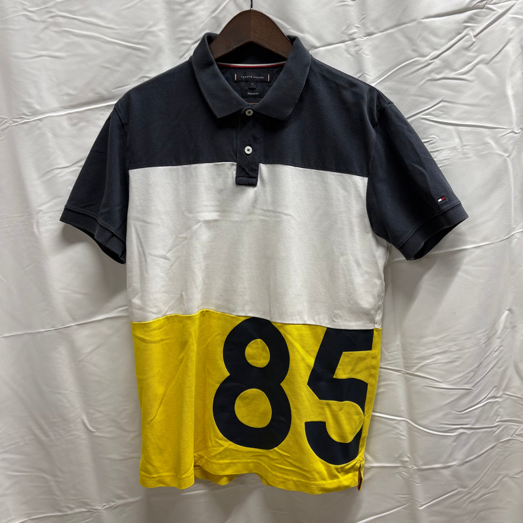 【古着】TOMMY HILFIGER ボーダーロゴ S/S ポロシャツ ネイビー×ホワイト×イエロー Mサイズ