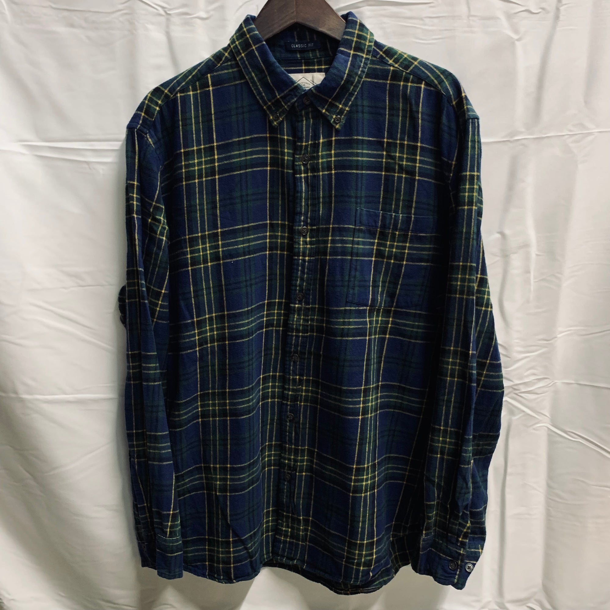 【中古】【古着】St. John's Bay チェック シャツ グリーン×ネイビー×イエロー Lサイズ