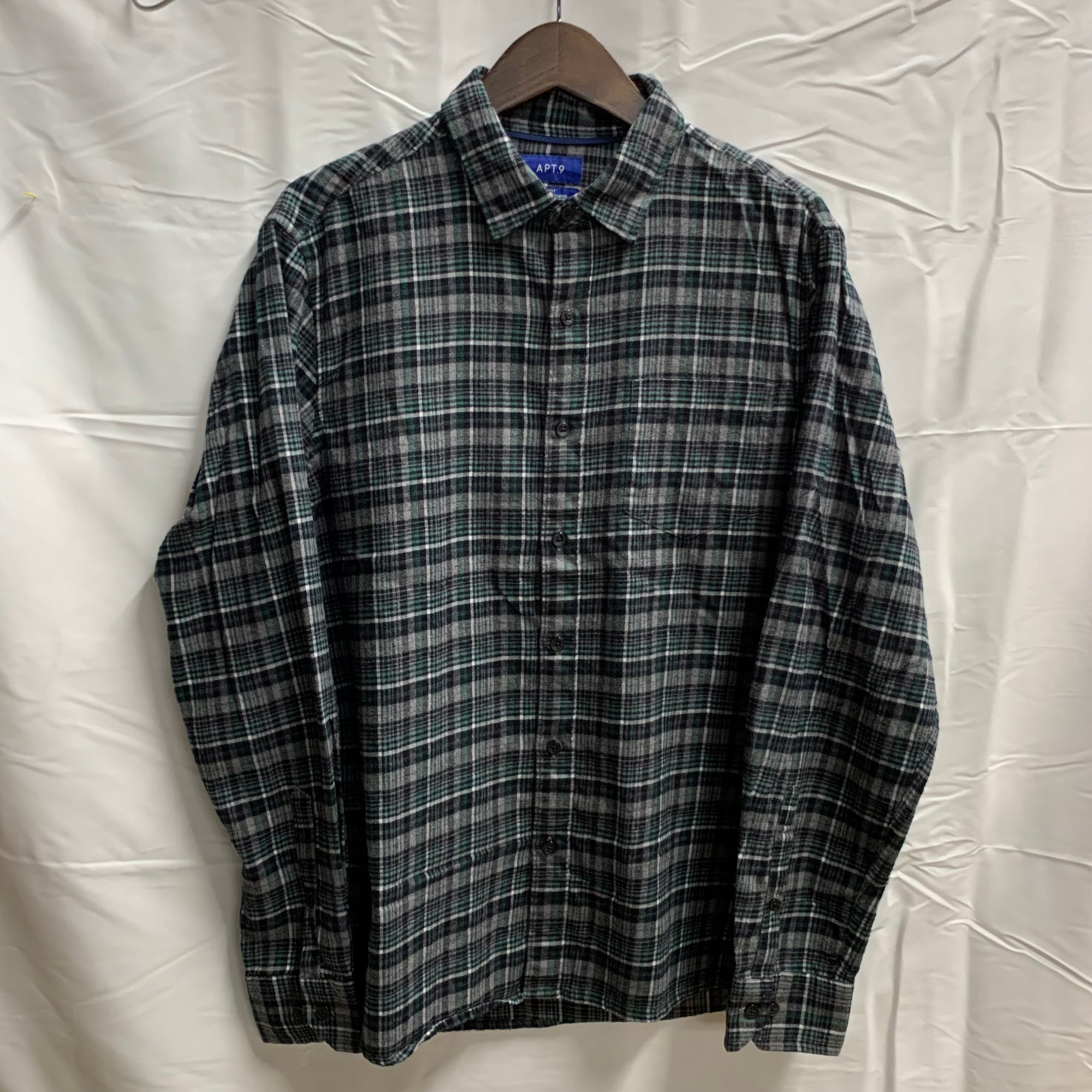 【中古】【古着】APT.9 チェック シャツ ブラック×グリーン×グレー Mサイズ