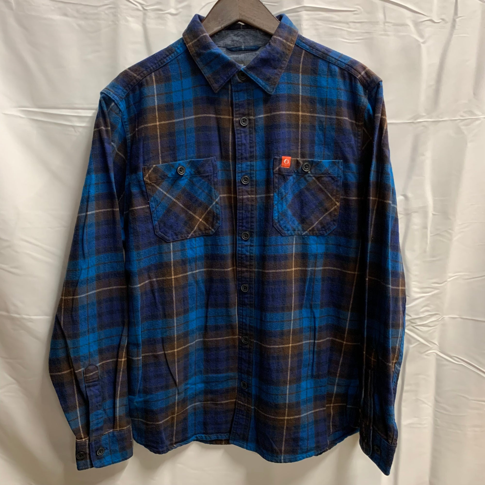 【中古】【古着】THE AMERICAN OUTDOORSMAN チェック シャツ ブルー×ネイビー×ブラウン Mサイズ