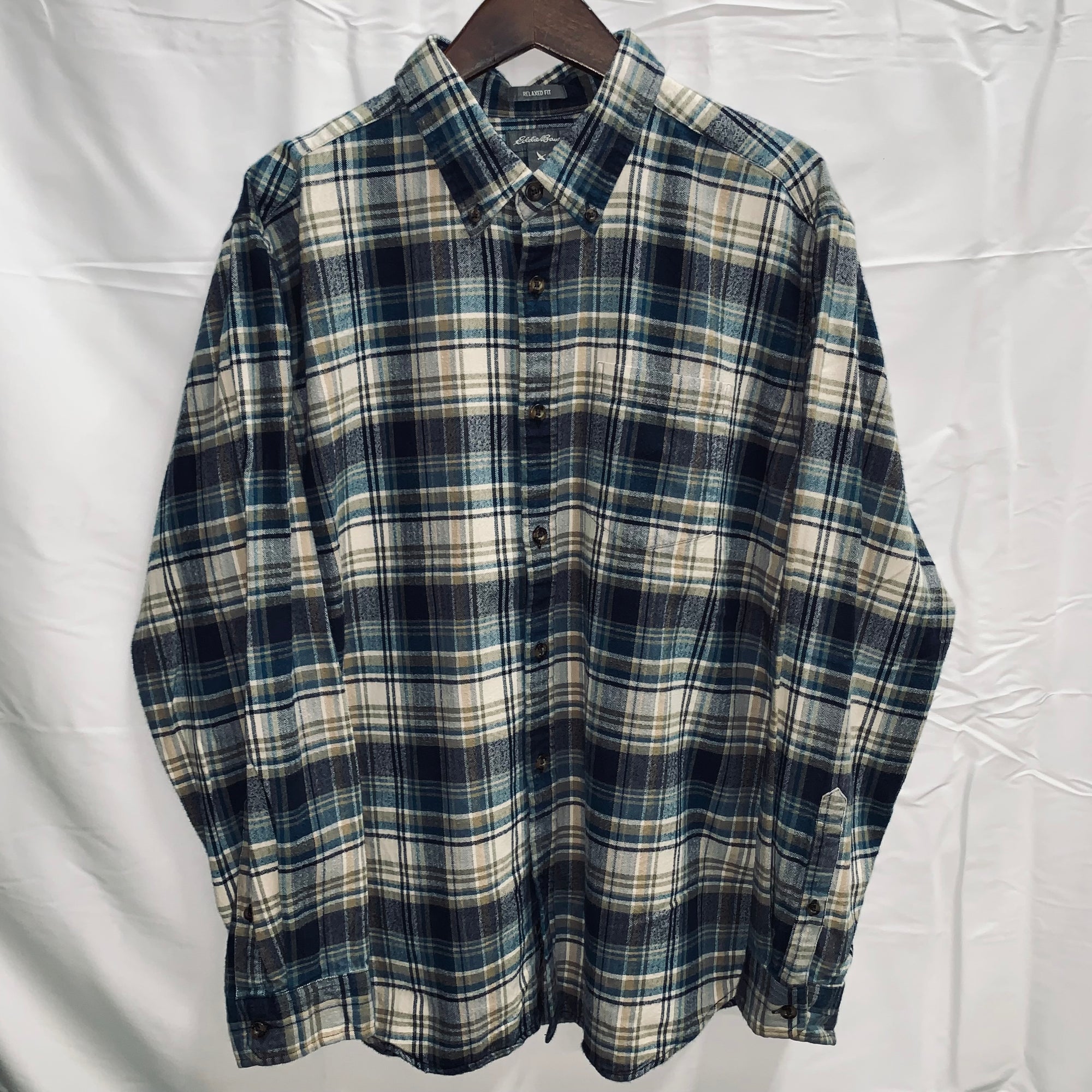 【中古】【古着】Eddie Bauer チェック シャツ ブルー×ネイビー×アイボリー Lサイズ