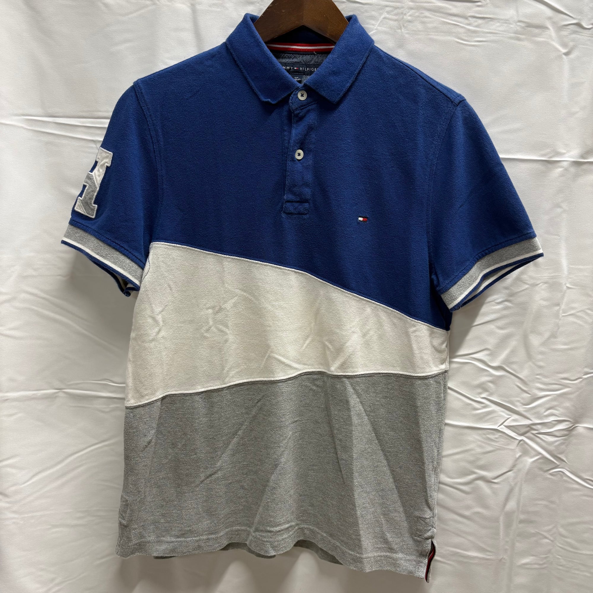 【古着】TOMMY HILFIGER ボーダー S/S ポロシャツ ブルー×ホワイト×グレー Sサイズ