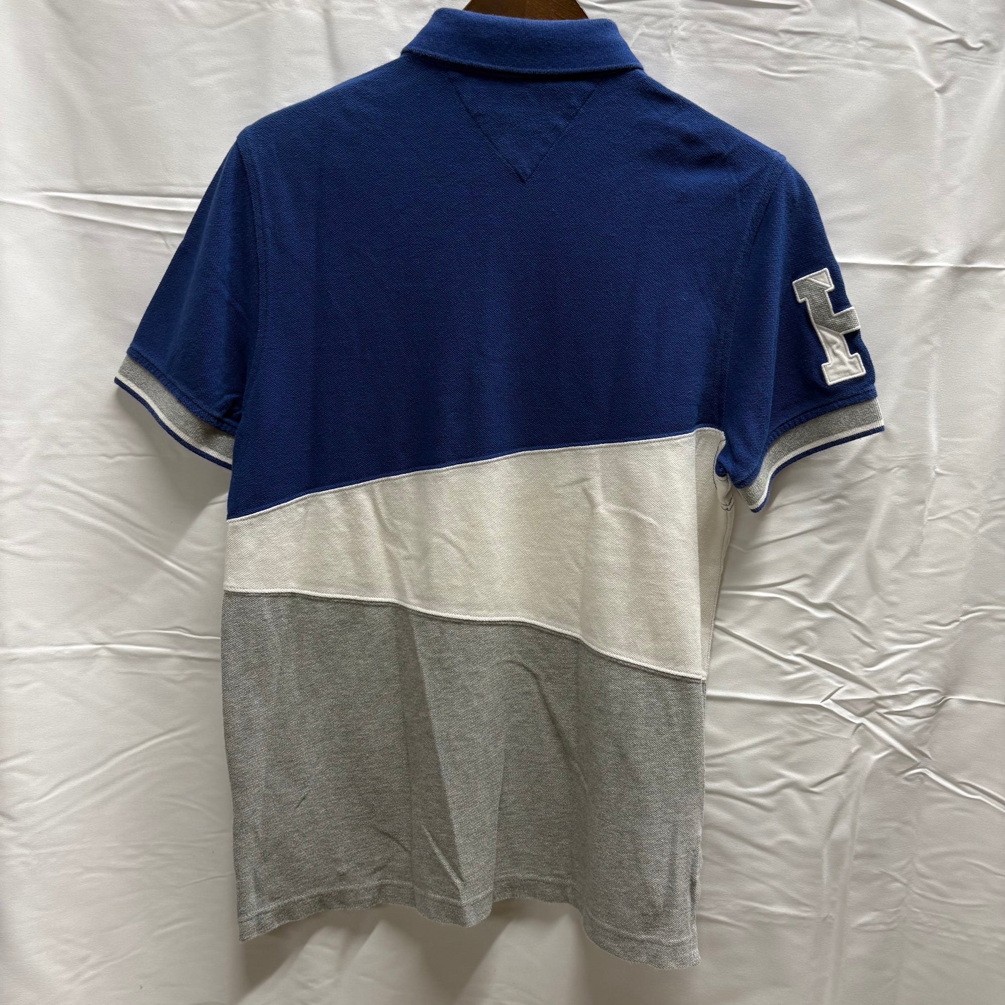 【古着】TOMMY HILFIGER ボーダー S/S ポロシャツ ブルー×ホワイト×グレー Sサイズ