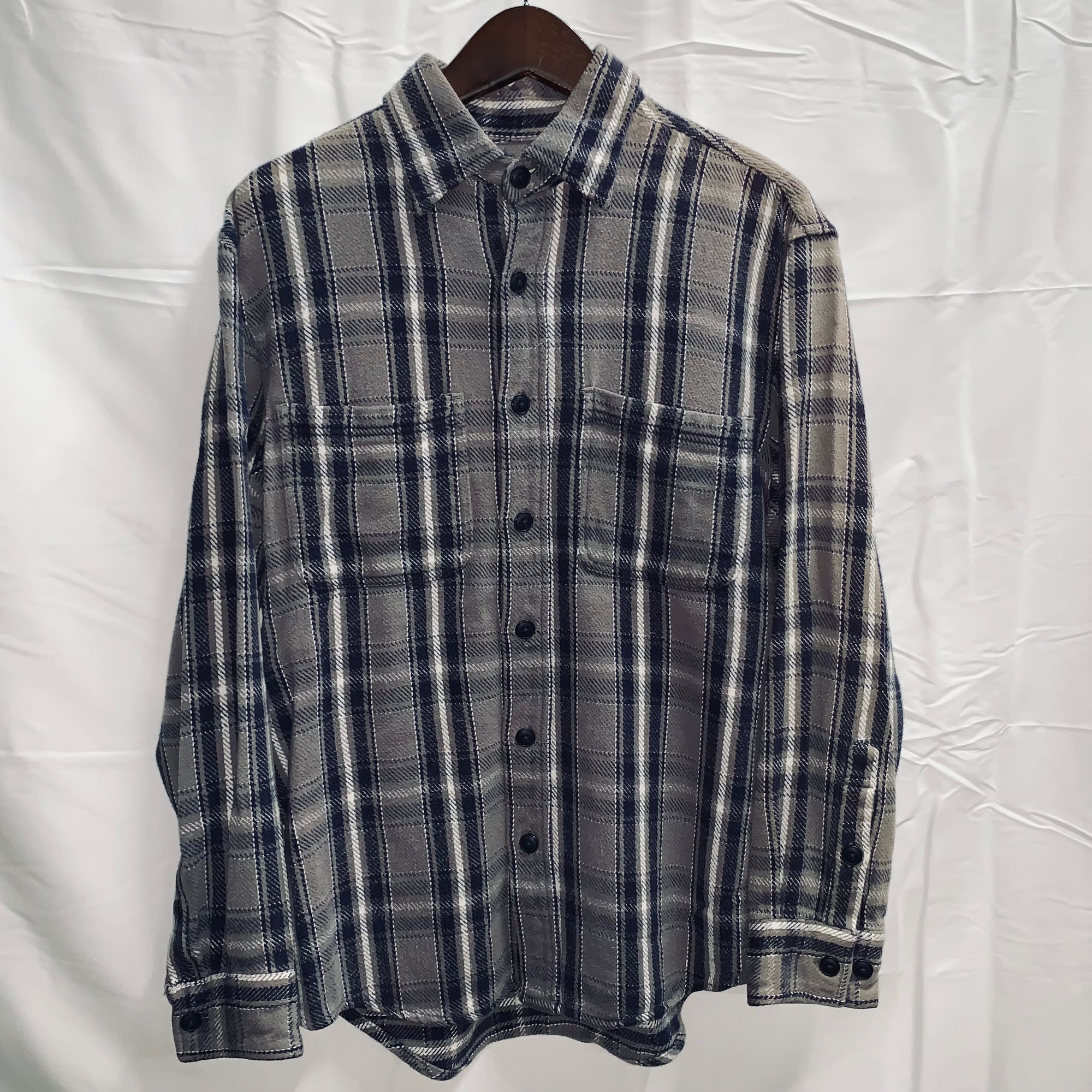 【中古】【古着】HIGH SIERRA チェック ネルシャツ ネイビー×グレー×ホワイト Sサイズ