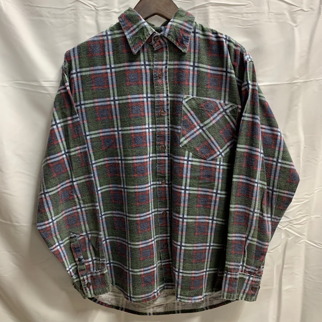 【中古】【古着】BAUM COUNTRY チェック L/S フランネルシャツ グリーン×ネイビー×レッド Lサイズ
