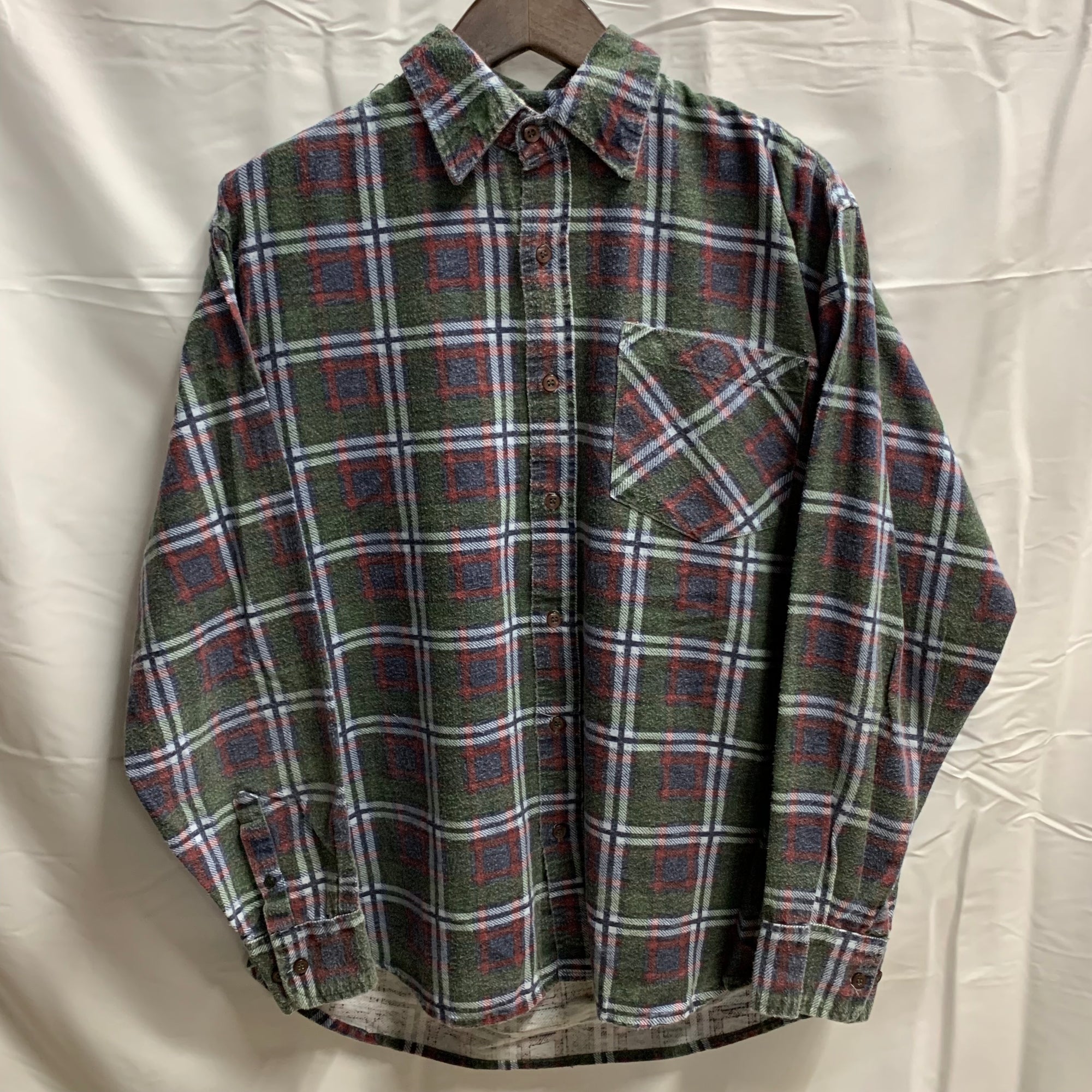 【中古】【古着】BAUM COUNTRY チェック L/S フランネルシャツ グリーン×ネイビー×レッド Lサイズ