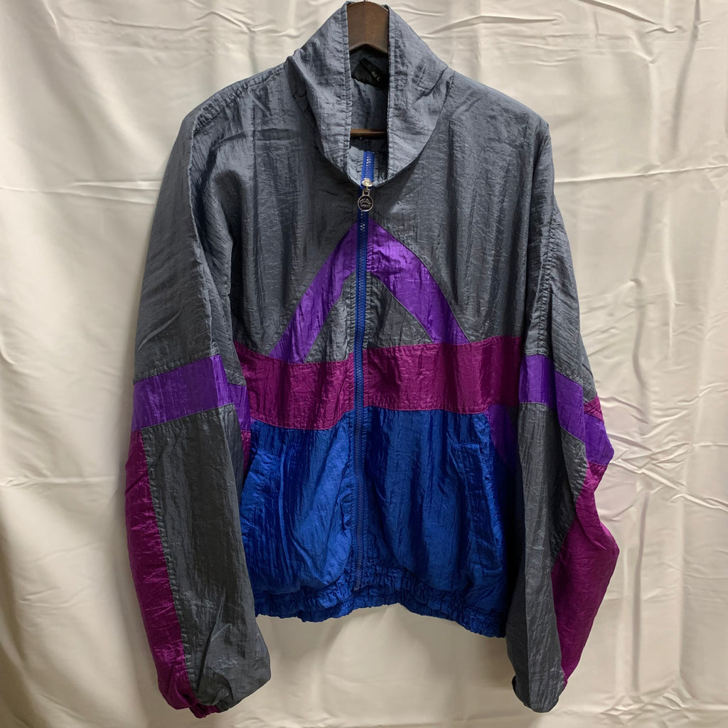 【中古】【古着】Athletic Works カラーブロック ナイロンフルジップジャケット グレー×パープル×ブルー Lサイズ