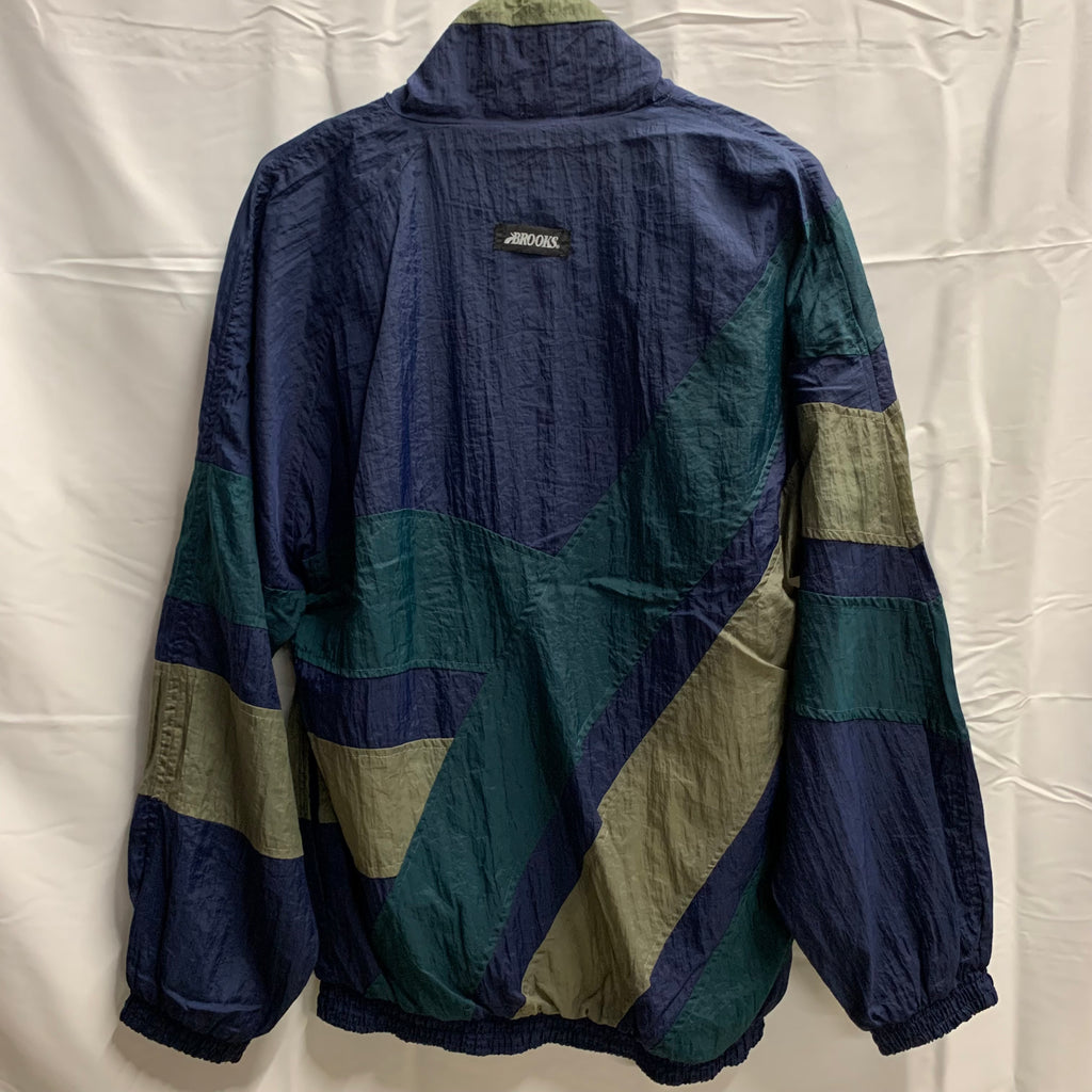 【中古】【古着】BROOKS カラーブロック ナイロンフルジップジャケット ネイビー×グリーン×オリーブ