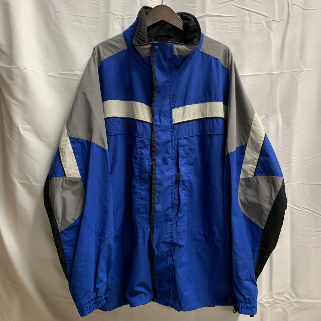 【中古】【古着】Columbia ワンラインロゴ マウンテンジャケット ブルー×ホワイト XXLサイズ
