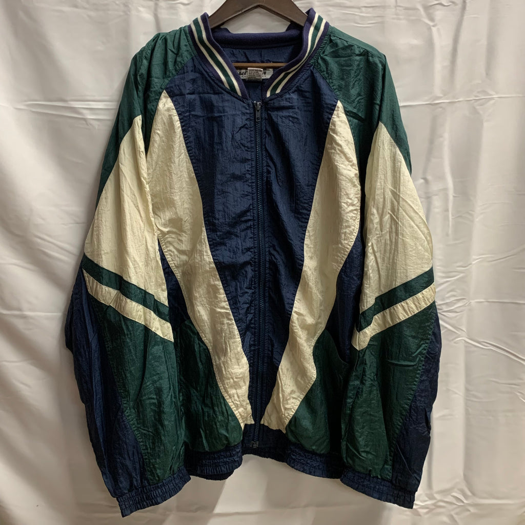 【中古】【古着】Lavon カラーブロック ナイロンフルジップジャケット ネイビー×ホワイト×グリーン XLサイズ