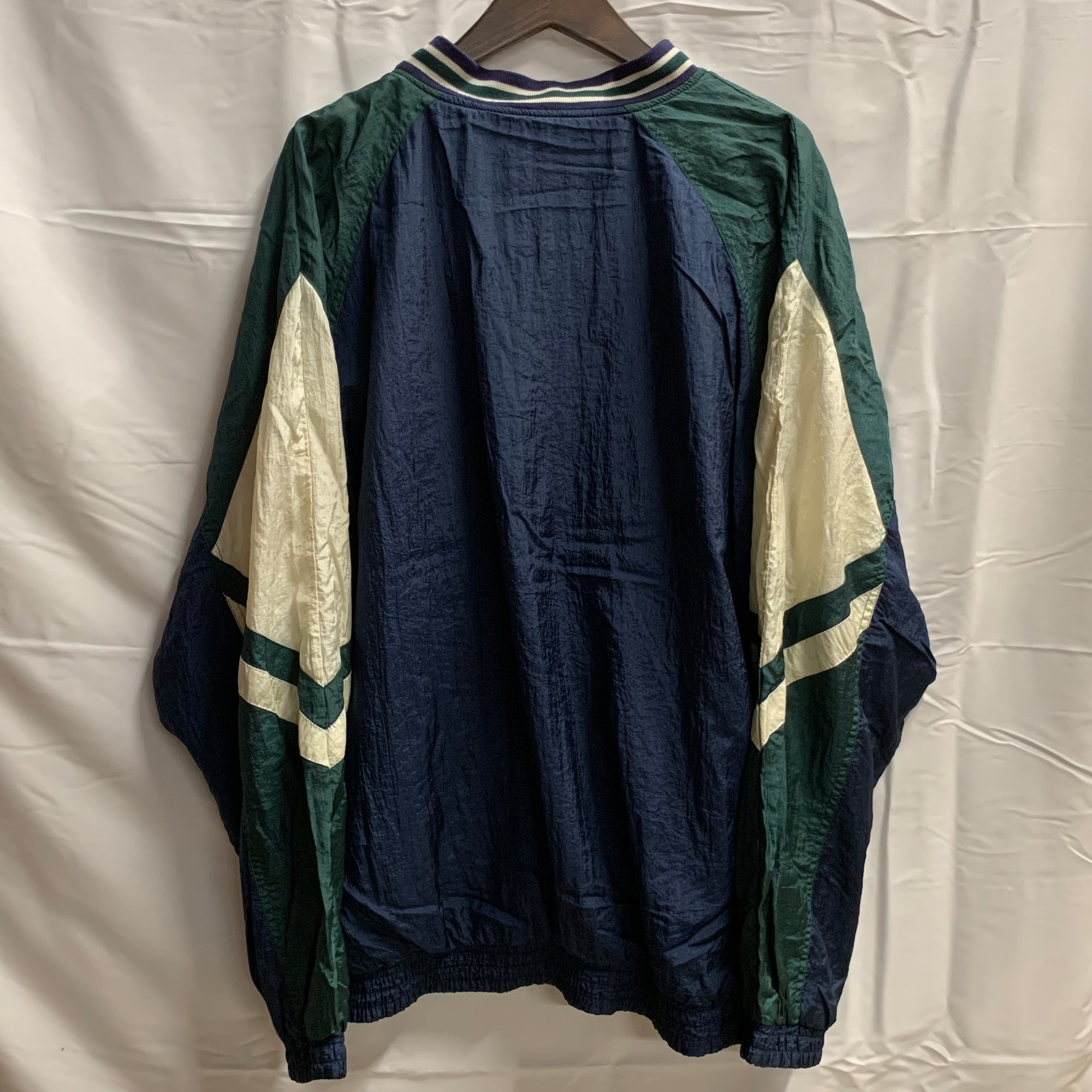 【中古】【古着】Lavon カラーブロック ナイロンフルジップジャケット ネイビー×ホワイト×グリーン XLサイズ