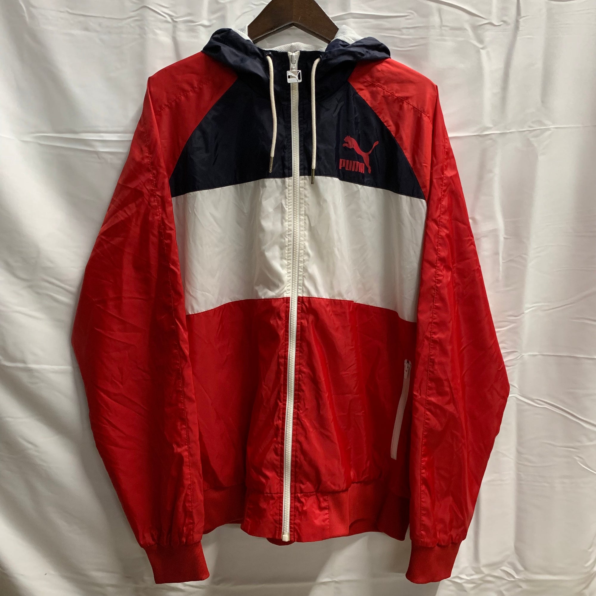 【中古】【古着】PUMA ロゴ フルジップジャケット レッド×ホワイト×ネイビー XLサイズ
