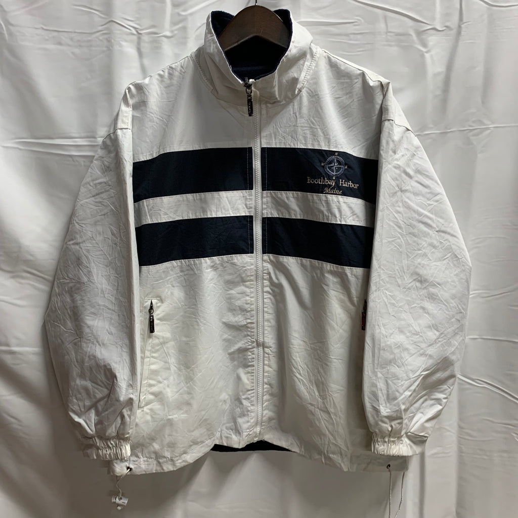 【中古】【古着】ロゴ フルジップジャケット ホワイト×ブラック XSサイズ