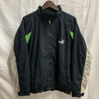 【中古】【古着】PUMA ロゴ ナイロンフルジップジャケット ブラック×ライトグリーン×グレー Mサイズ