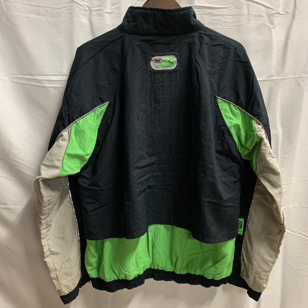 【中古】【古着】PUMA ロゴ ナイロンフルジップジャケット ブラック×ライトグリーン×グレー Mサイズ
