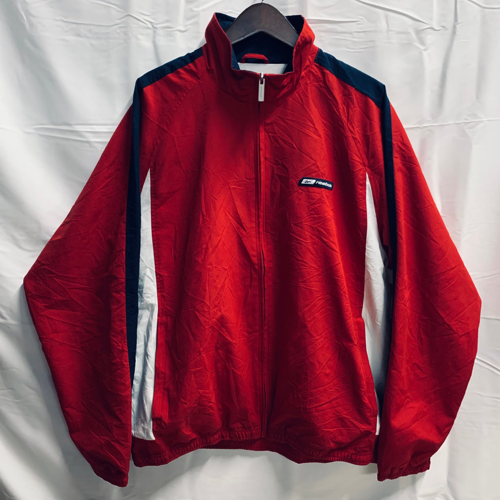 【中古】【古着】Reebok ロゴ ナイロンジャケット レッド×ホワイト×ネイビー Lサイズ