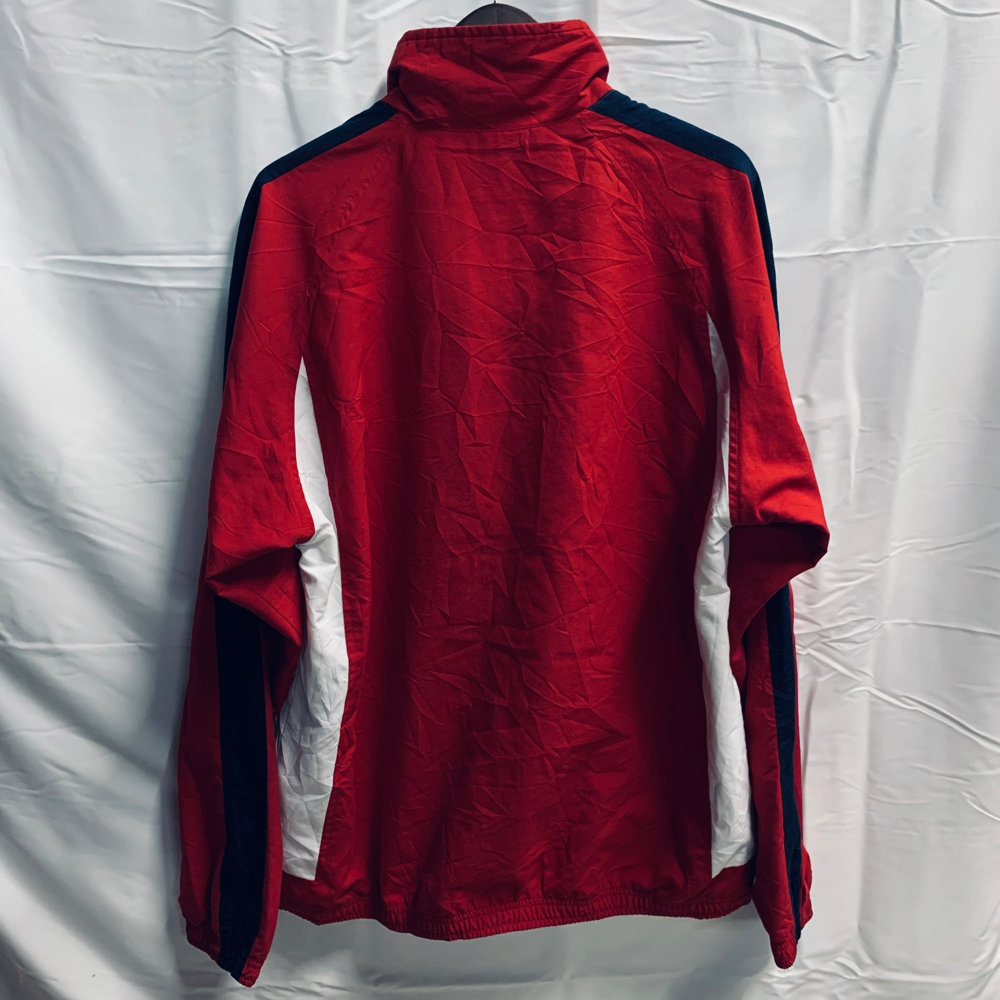【中古】【古着】Reebok ロゴ ナイロンジャケット レッド×ホワイト×ネイビー Lサイズ