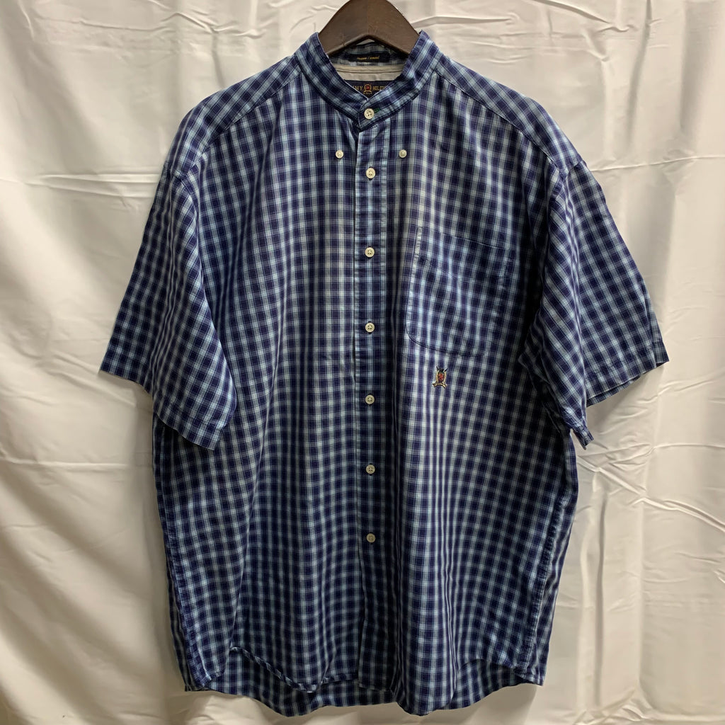 【中古】【古着】TOMMY HILFIGER チェック  ネイビーブルー×ターコイズ×ホワイト Lサイズ