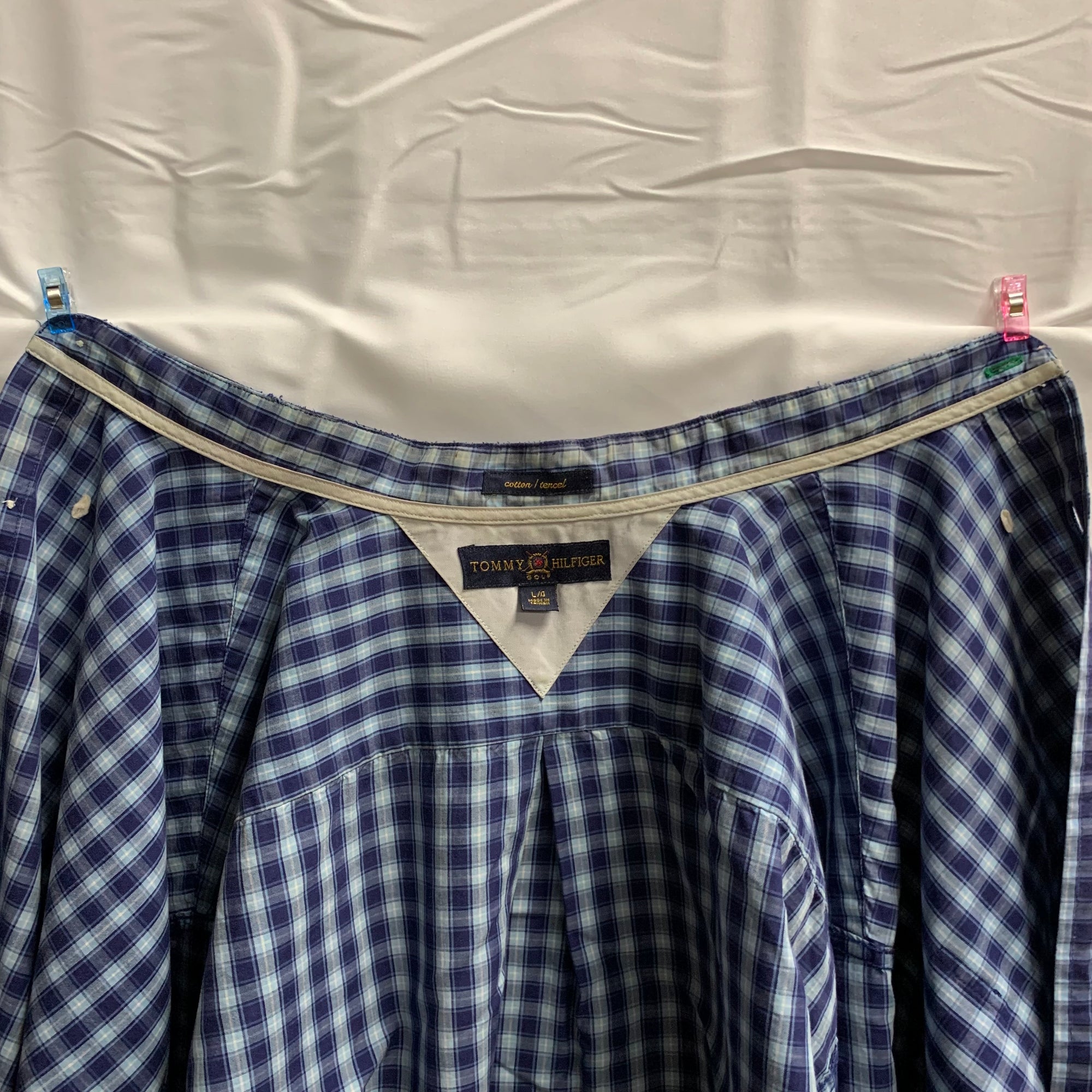 【中古】【古着】TOMMY HILFIGER チェック  ネイビーブルー×ターコイズ×ホワイト Lサイズ