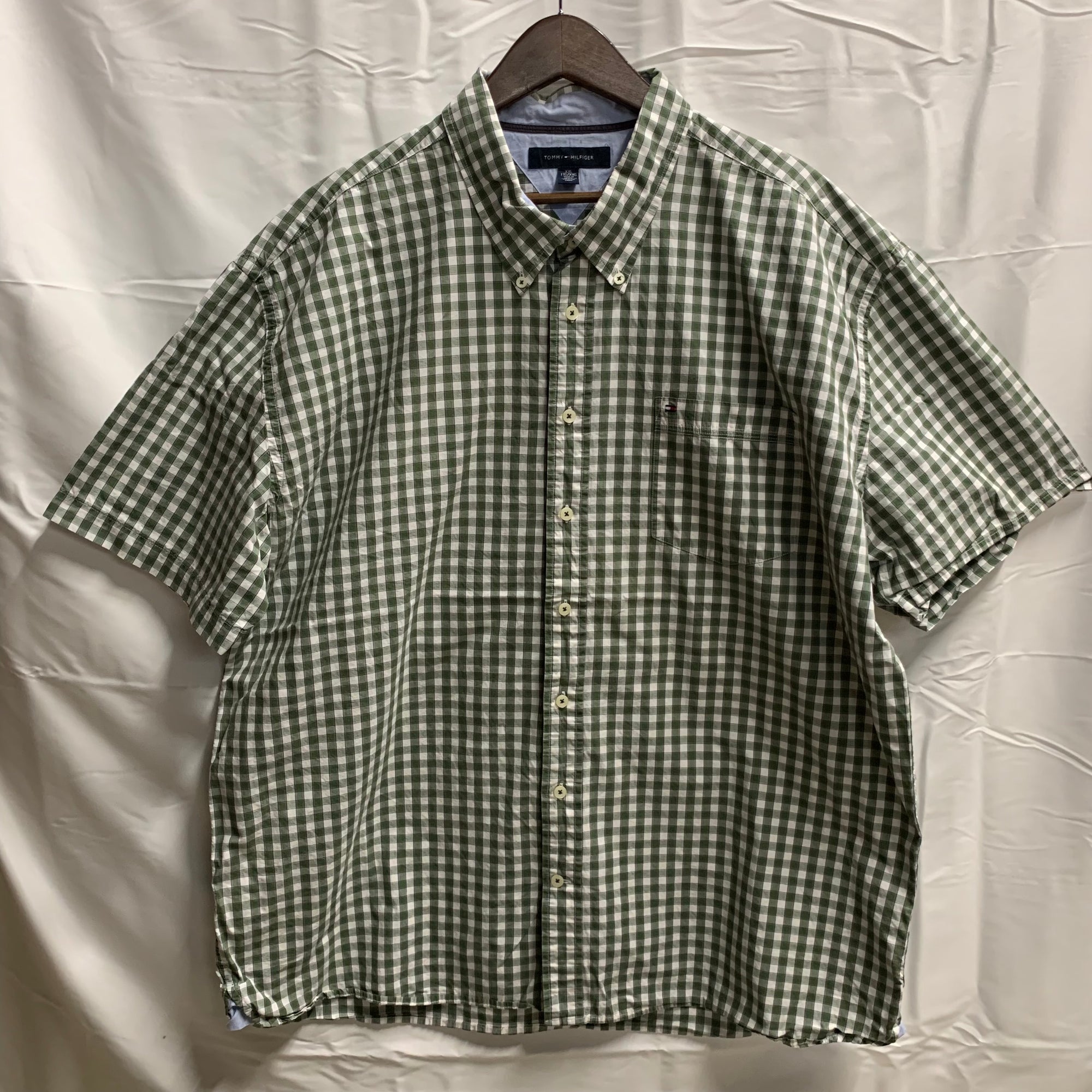 【中古】【古着】TOMMY HILFIGER チェック シャツ グリーン×ホワイト XXLサイズ