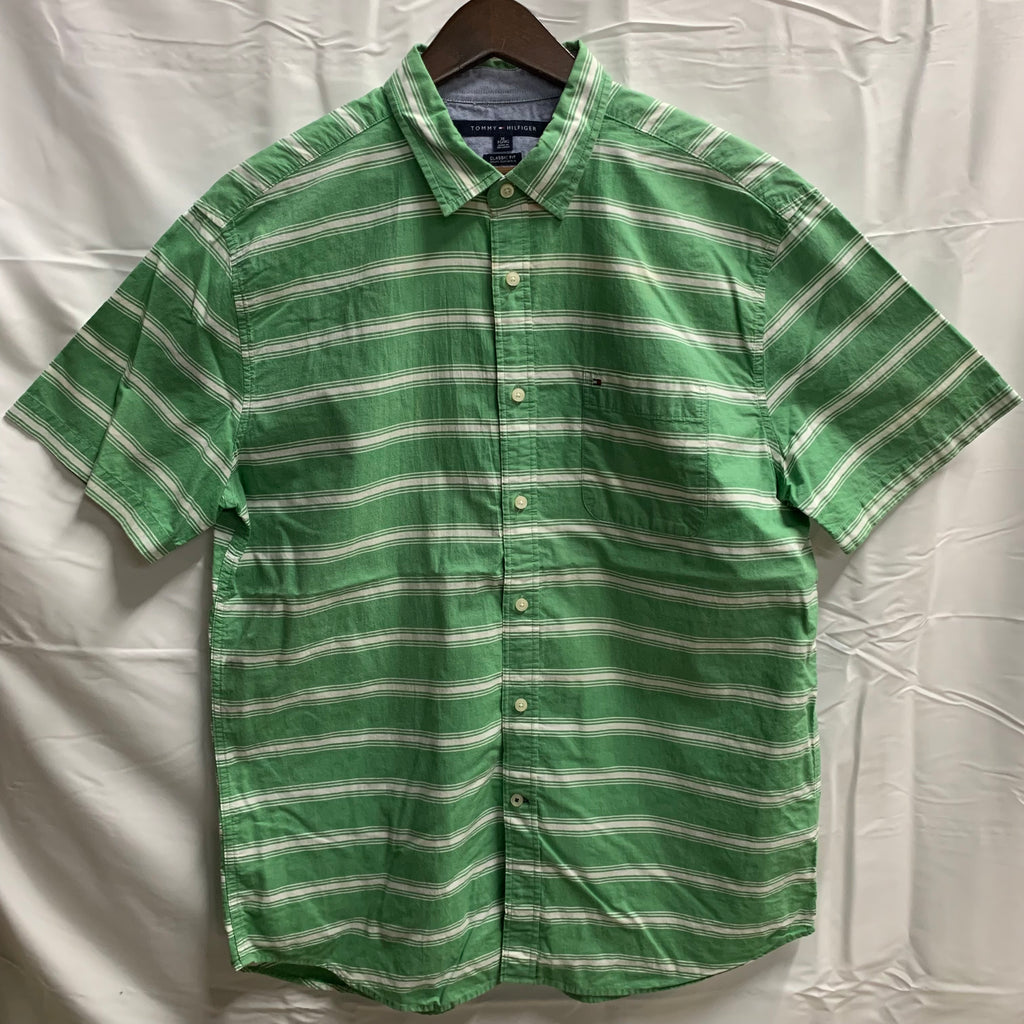 【中古】【古着】TOMMY HILFIGER ストライプ シャツ グリーン×ホワイト XLサイズ
