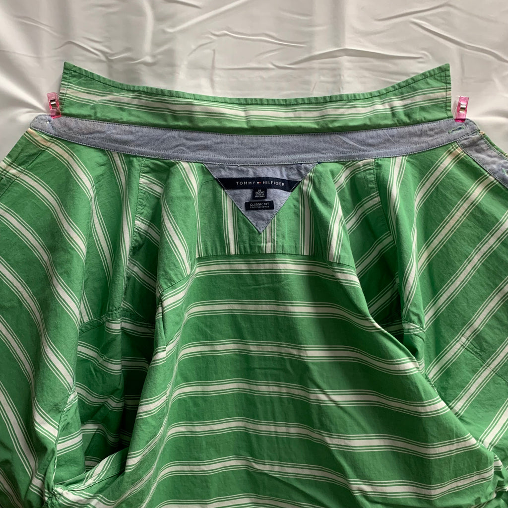 【中古】【古着】TOMMY HILFIGER ストライプ シャツ グリーン×ホワイト XLサイズ