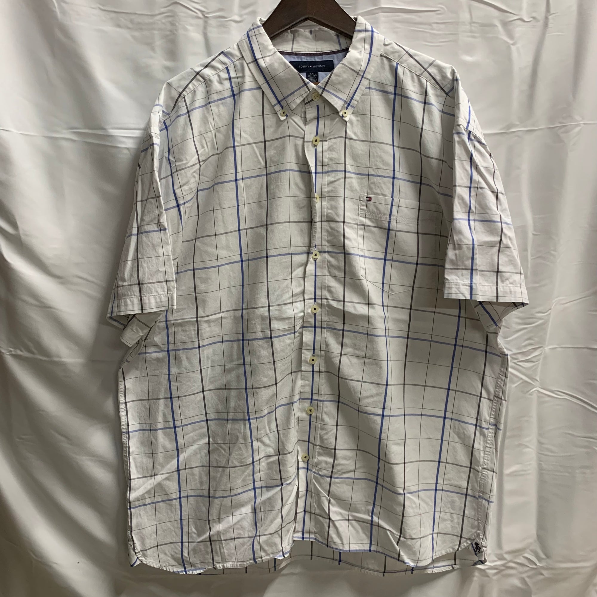 【中古】【古着】TOMMY HILFIGER チェック シャツ ホワイト×ブルー×ブラック XXLサイズ