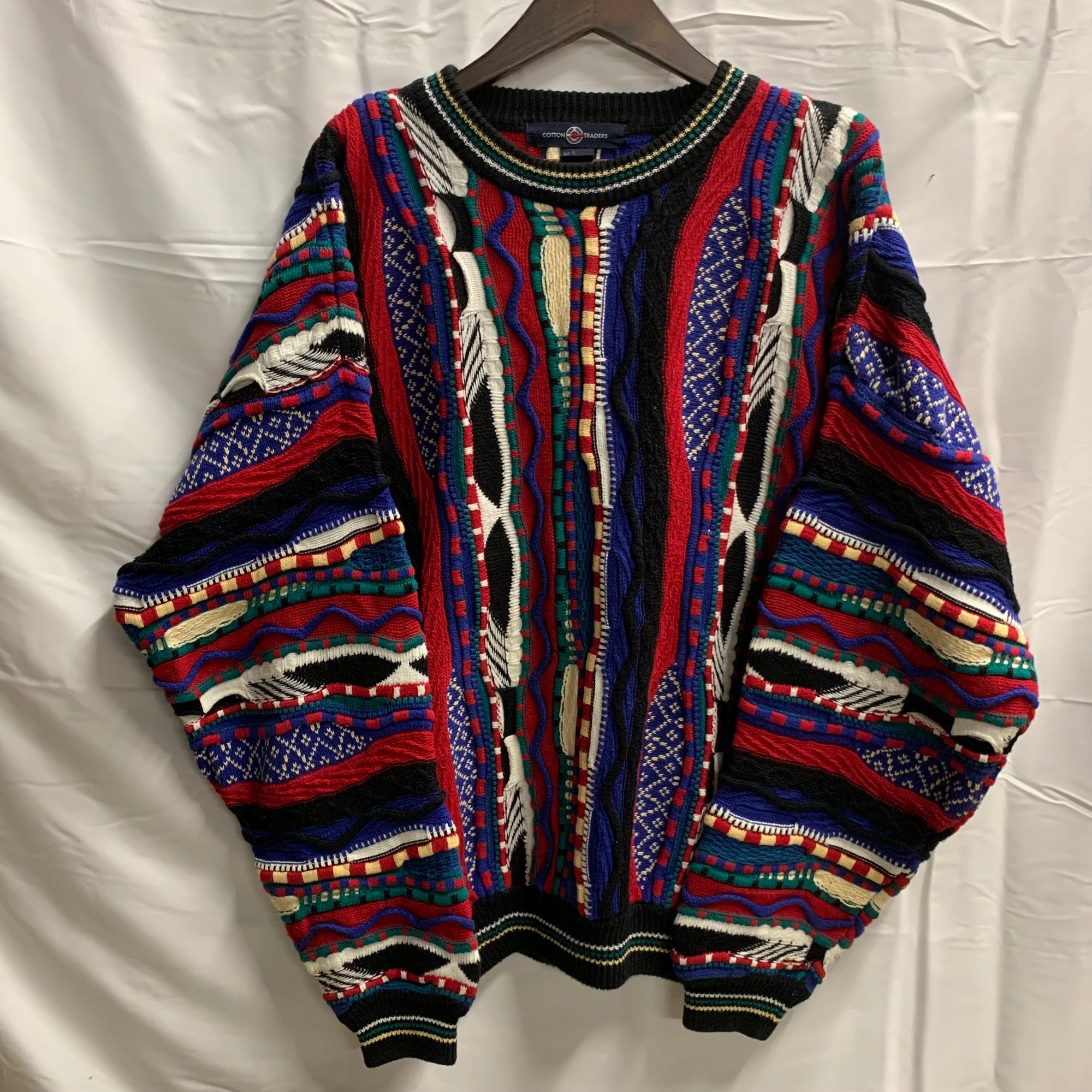 【中古】【古着】COTTON TRADERS マルチボーダー ３Dニット ブラック×レッド×ブルー Lサイズ