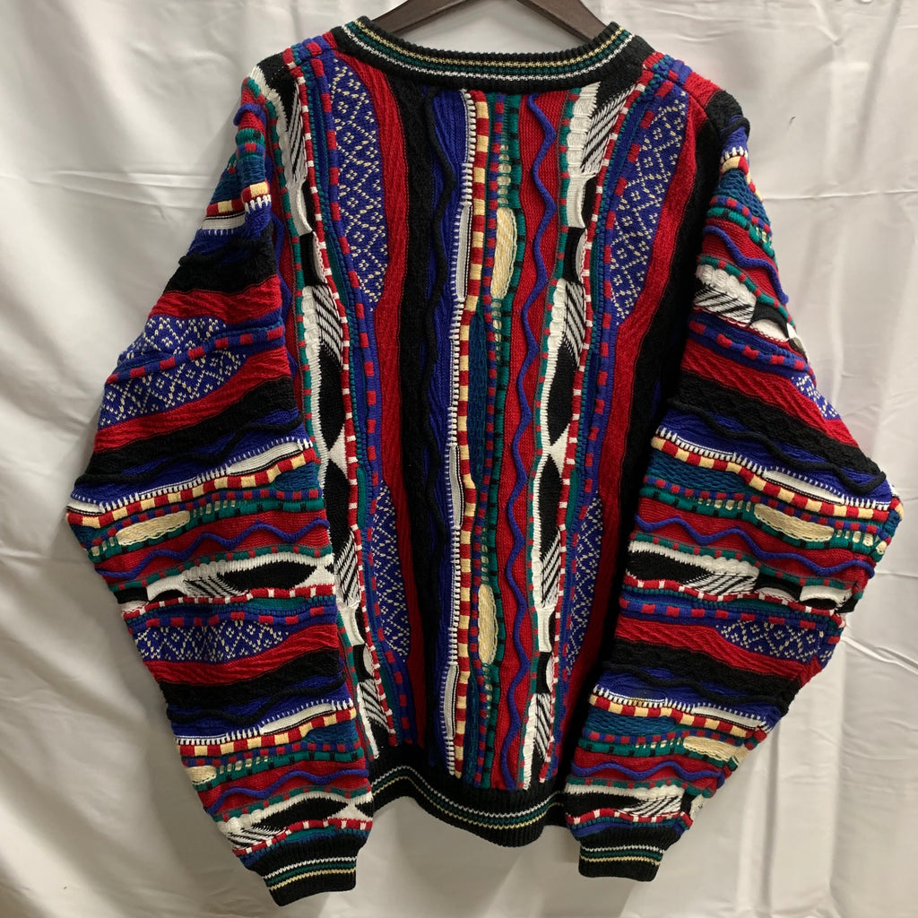 【中古】【古着】COTTON TRADERS マルチボーダー ３Dニット ブラック×レッド×ブルー Lサイズ