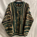 【古着】COTTON TRADERS マルチボーダー ３Dニット グリーン×モスグリーン×ネイビー Lサイズ