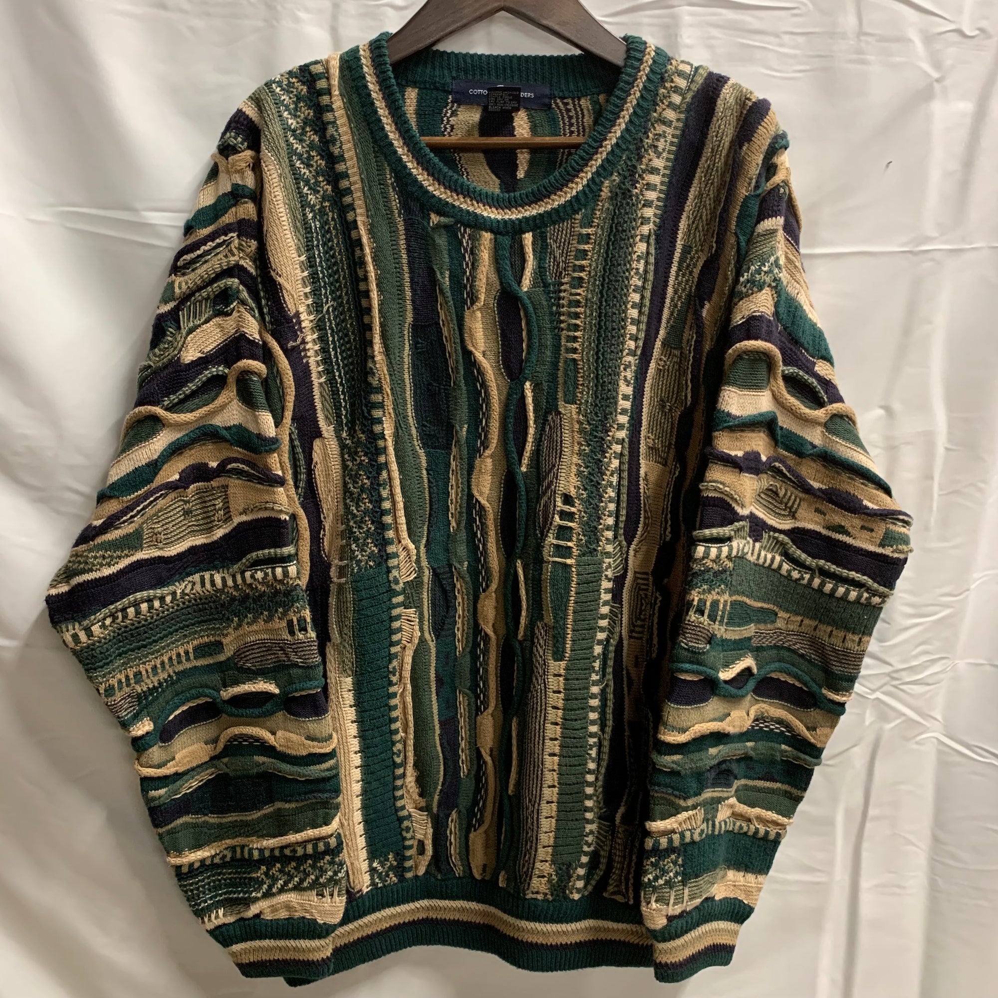 【中古】【古着】COTTON TRADERS マルチボーダー ３Dニット グリーン×モスグリーン×ネイビー Lサイズ