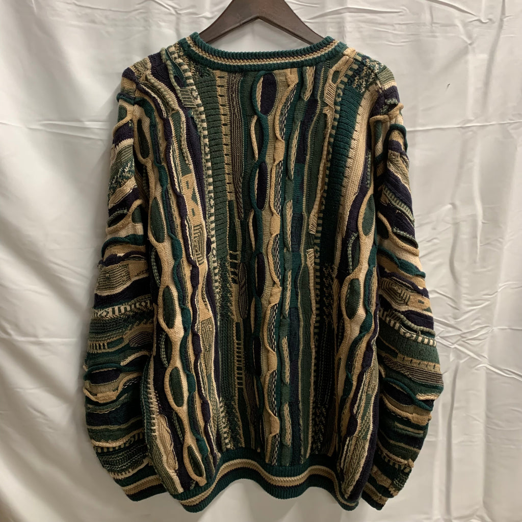 【古着】COTTON TRADERS マルチボーダー ３Dニット グリーン×モスグリーン×ネイビー Lサイズ