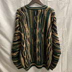 【古着】COTTON TRADERS マルチボーダー ３Dニット グリーン×モスグリーン×ネイビー Lサイズ