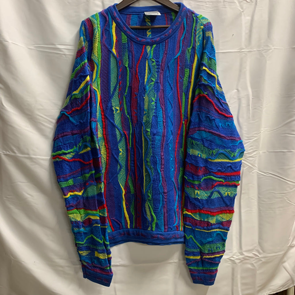【中古】【古着】purely Australian マルチボーダー ３Dニット ブルー×レッド×イエロー XXLサイズ