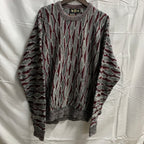 【中古】【古着】Alan Stuart マルチボーダー ３Dニット グレー×レッド Lサイズ
