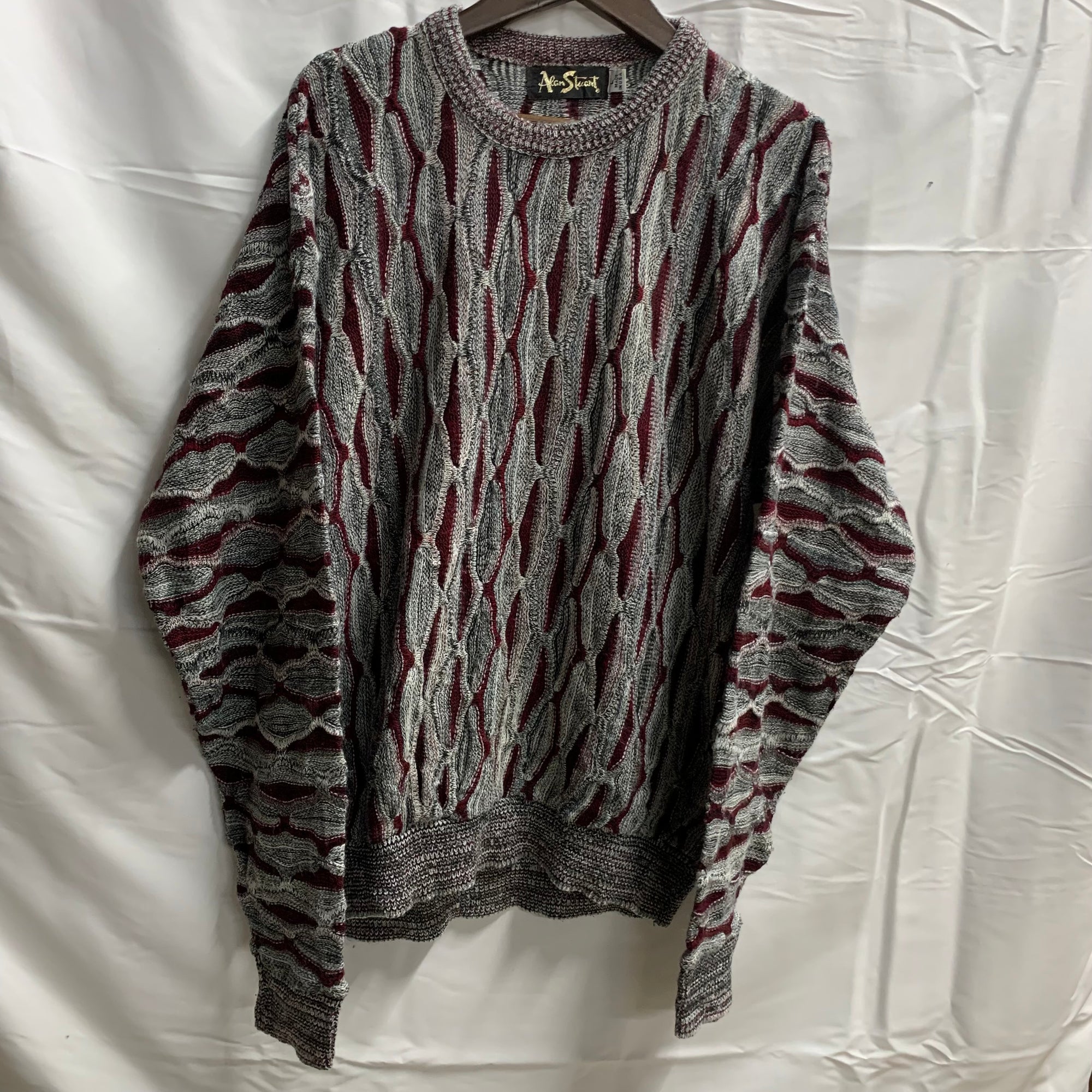 【中古】【古着】Alan Stuart マルチボーダー ３Dニット グレー×レッド Lサイズ