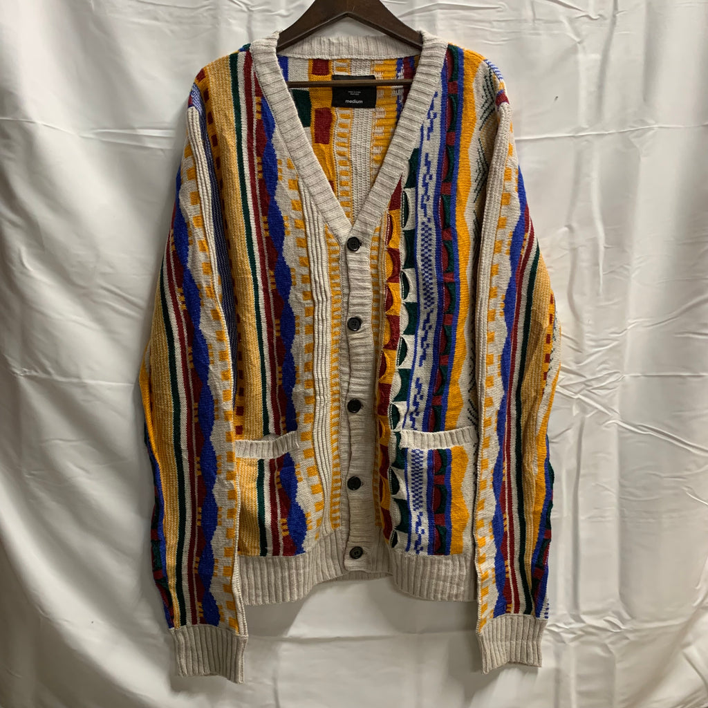 【中古】【古着】rue21 マルチボーダー ３Dニット アイボリー×イエロー×ブルー Mサイズ