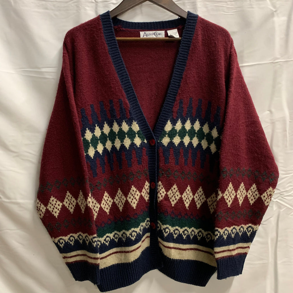 【中古】【古着】Alison Craig 柄 カーディガン ボルドー×ネイビー×アイボリー Lサイズ