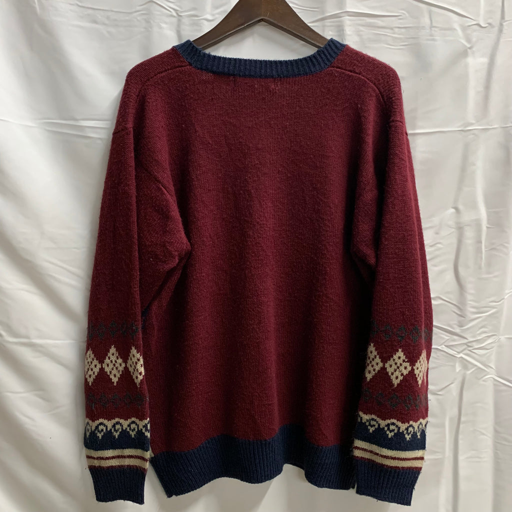 【中古】【古着】Alison Craig 柄 カーディガン ボルドー×ネイビー×アイボリー Lサイズ