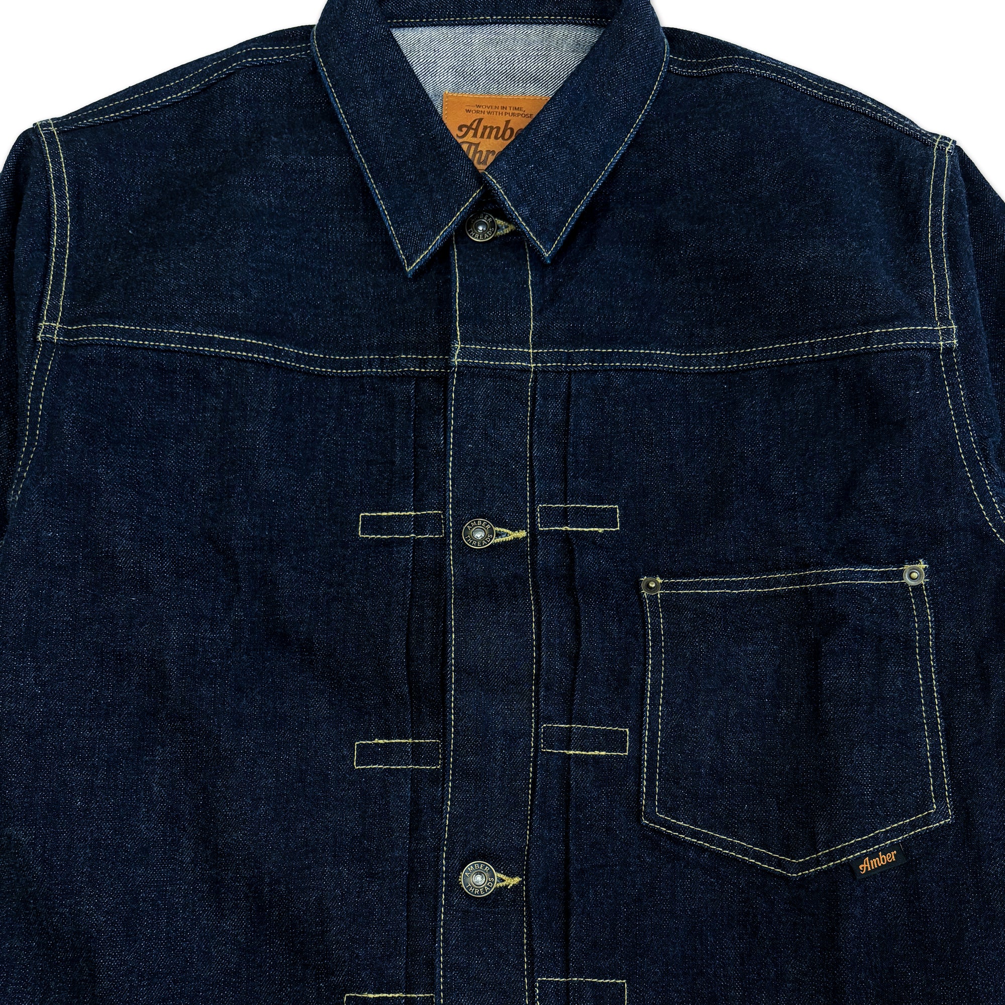 Amber Threads 1st デニムジャケット 表面 襟元 アームホール 左胸ポケット ディテール