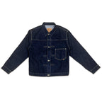 アパレルブランドAmber Threads(アンバースレッズ)のデニムジャケット 1st タイプ、3シーズン着まわせる万能アウター。正面のスタイル。