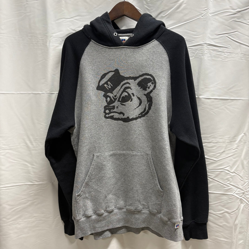 【古着】RUSSELL ATHLETIC プリント プルオーバーパーカー グレー×ブラック