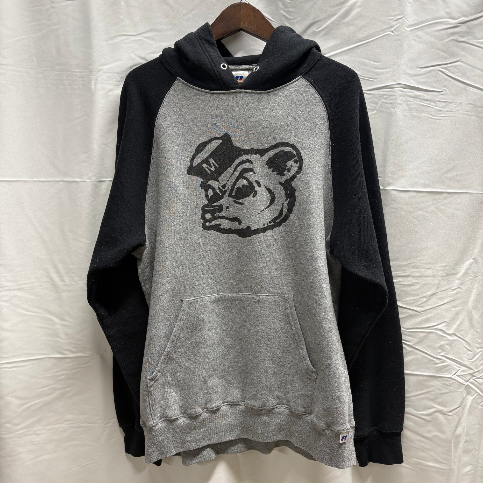 【古着】RUSSELL ATHLETIC プリント プルオーバーパーカー グレー×ブラック